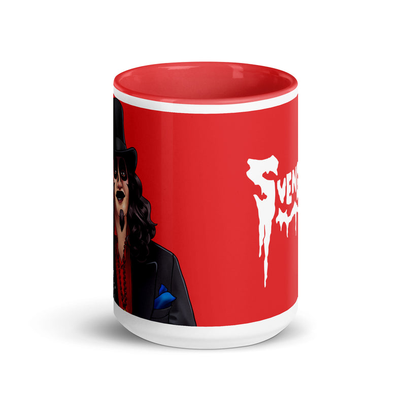 Red mug featuring Svengoolie portrait in top hat and black jacket with the text 'Svengoolie' in white dripping letters on the right.
