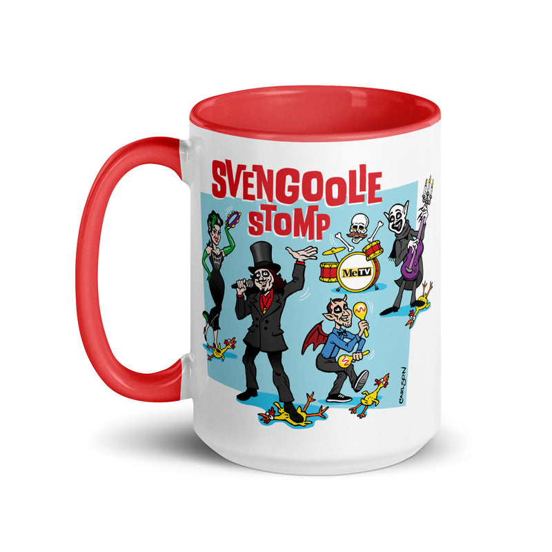 White mug with red handle and interior featuring a cartoon band of Svengoolie characters with red SVENGOOLIE STOMP text and Svengoolie logo to left