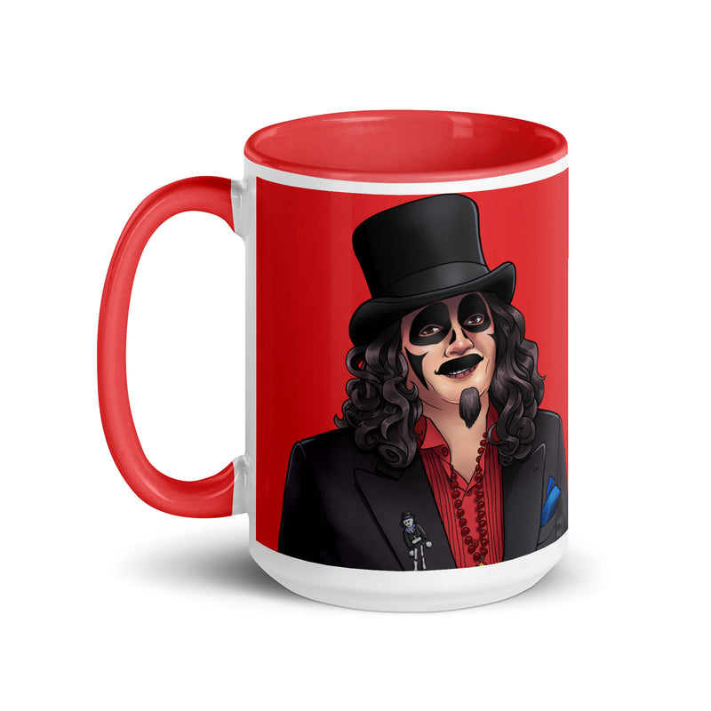Red ceramic mug with red interior and handle featuring an illustrated portrait of Svengoolie in a black top hat, black suit, and red shirt with a bead necklace.
