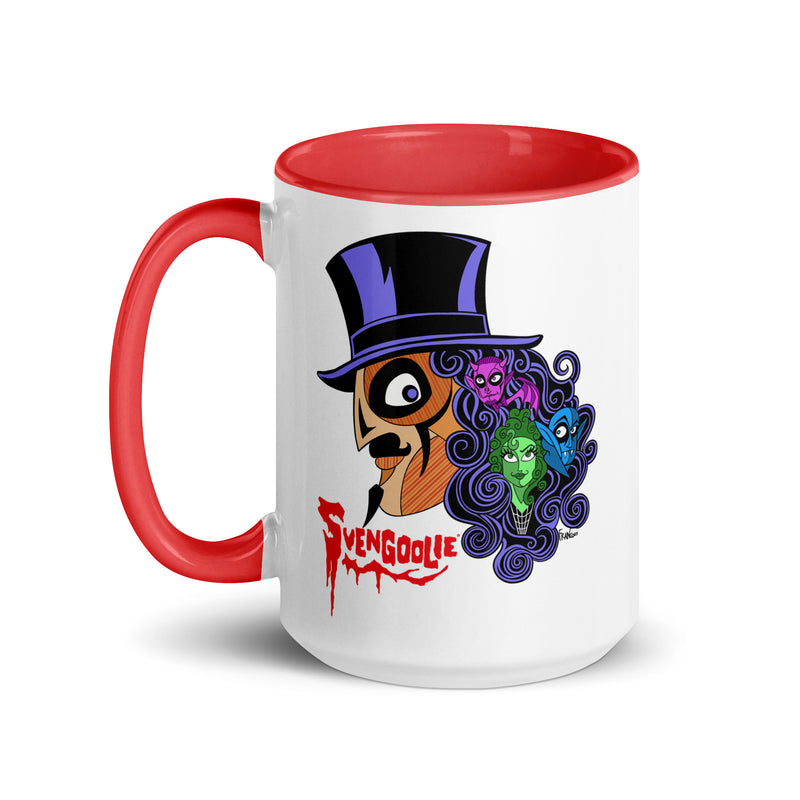 Front view of white mug with red handle and interior featuring Svengoolie in a top hat with curly hair, and the faces of the Sven Squad in his hair, with the text 'Svengoolie' in red.