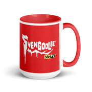 Red ceramic mug with red interior and handle featuring the white Svengoolie logo with the text 'Svengoolie' and a MeTV logo below it.