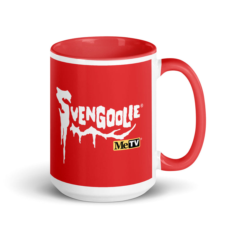 Red ceramic mug with red interior and handle featuring the white Svengoolie logo with the text 'Svengoolie' and a MeTV logo below it.