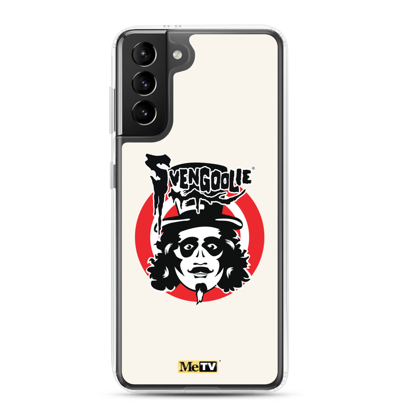 Cream Samsung case featuring the Svengoolie face logo with the text 'Svengoolie' in black above a red circle, with a small MeTV logo at the bottom.
