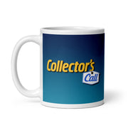 front view of a white ceramic mug with a blue gradient wrap featuring the Collector's Call logo