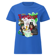 Royal blue short-sleeved women's t-shirt featuring the Svengoolie logo with the text 'Svengoolie' in red over a green ghost, with a cartoon of Svengoolie and Gwengoolie holding a Hollyweird map.