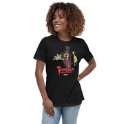 Woman wearing Black cotton t-shirt featuring illustrated Svengoolie with Logo