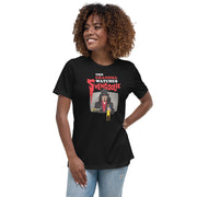 Model wearing black t-shirt featuring Svengoolie holding a rubber chicken with the text 'This Grandma Watches Svengoolie' in black and red above it.