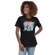 Model Wearing black t-shirt featuring a cartoon band of Svengoolie characters with red 'SVENGOOLIE STOMP' written above. Svengoolie logo at lower left