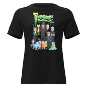 Black women's cut t-shirt featuring a group of cartoon monsters around Svengoolie in a top hat, with the green text 'Svengoolie' above.