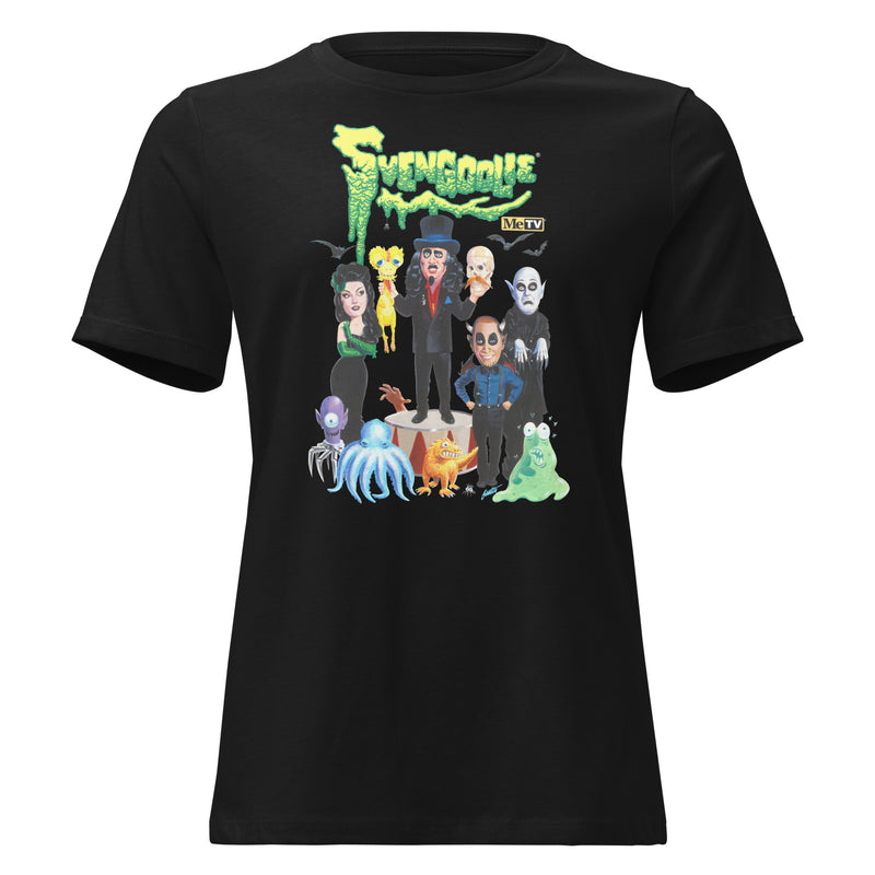Black women's cut t-shirt featuring a group of cartoon monsters around Svengoolie in a top hat, with the green text 'Svengoolie' above.