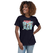 Model Wearing black t-shirt featuring a cartoon band of Svengoolie characters with red 'SVENGOOLIE STOMP' written above. Svengoolie logo at lower left