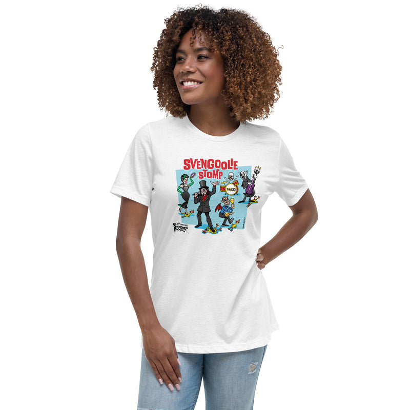 Model Wearing white t-shirt featuring a cartoon band of Svengoolie characters with red 'SVENGOOLIE STOMP' written above. Svengoolie logo at lower left
