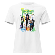 White women's cut t-shirt featuring a group of cartoon monsters around Svengoolie in a top hat, with the green text 'Svengoolie' above.
