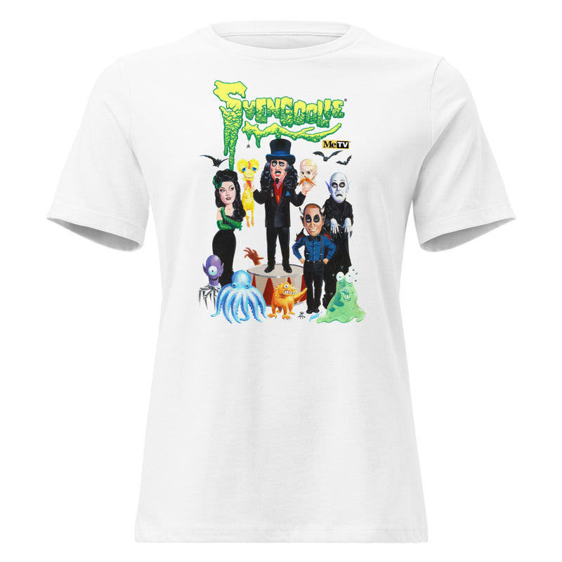 White women's cut t-shirt featuring a group of cartoon monsters around Svengoolie in a top hat, with the green text 'Svengoolie' above.