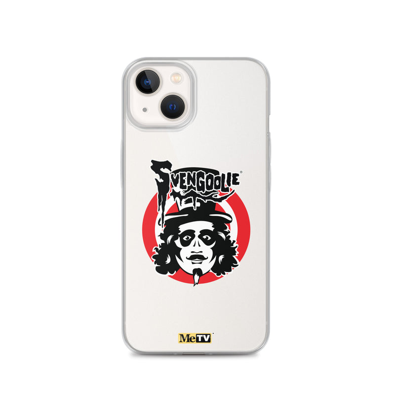 Silver iPhone case featuring Svengoolie target logo in center and "MeTV" logo at bottom.