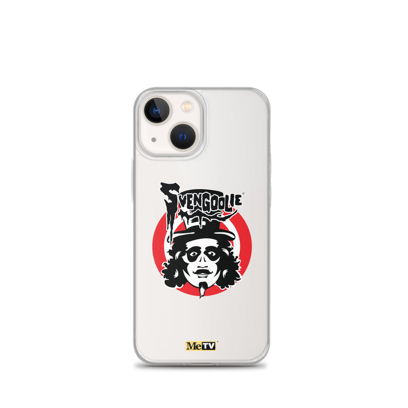 Silver iPhone case featuring Svengoolie target logo in center and "MeTV" logo at bottom.