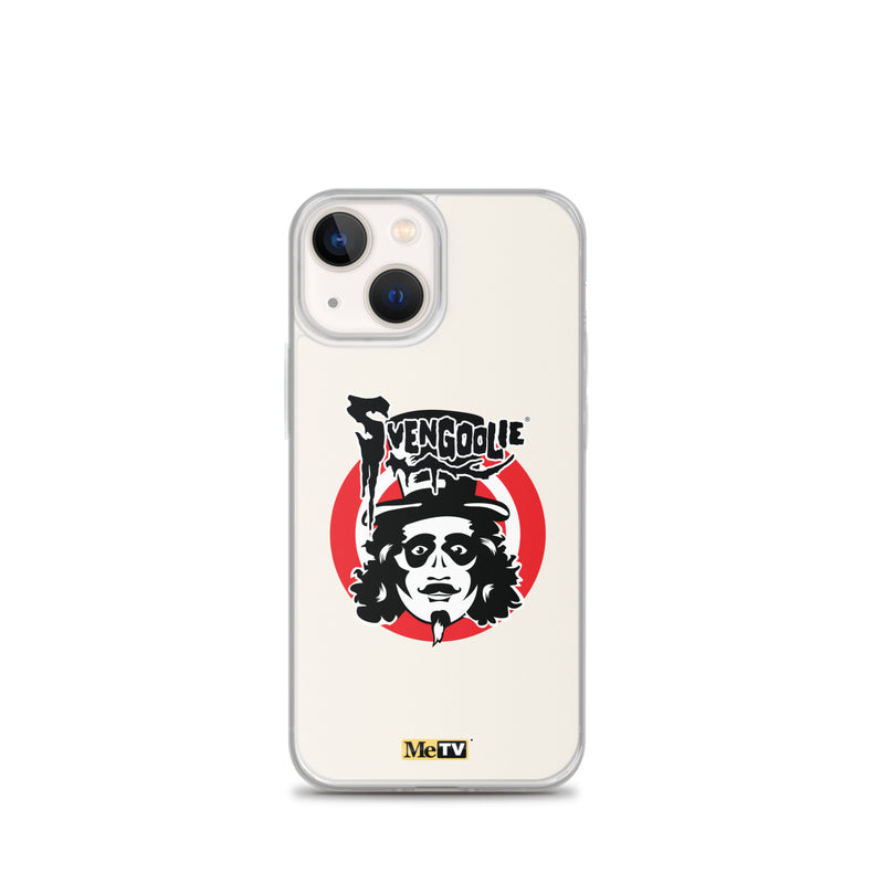 White iPhone case featuring Svengoolie target logo in center and "MeTV" logo at bottom.