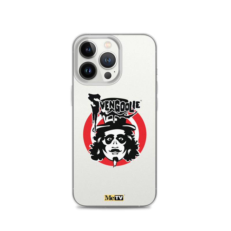 Silver iPhone case featuring Svengoolie target logo in center and "MeTV" logo at bottom.