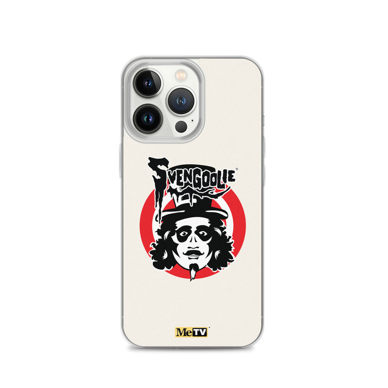 Silver iPhone case featuring Svengoolie target logo in center and "MeTV" logo at bottom.