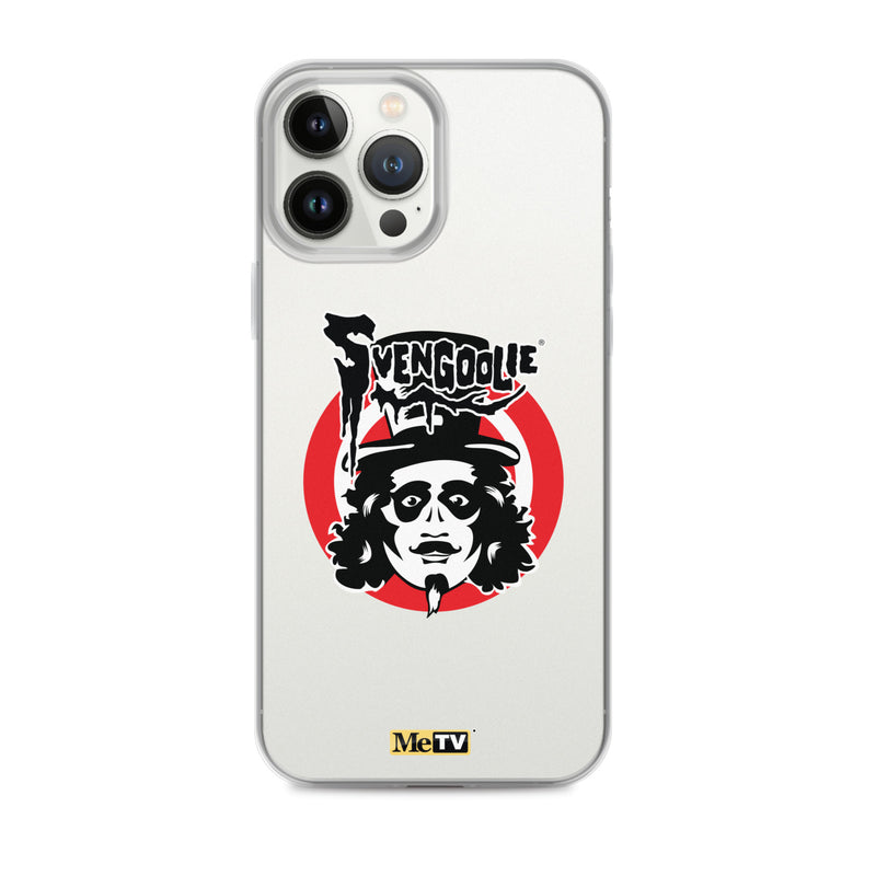 Clear iPhone case featuring the Svengoolie face logo with a black-and-white character over a red ring, with the text 'Svengoolie' in black above it.