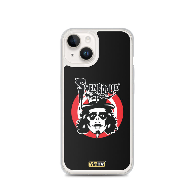 Black iPhone case featuring the Svengoolie face logo with the text 'Svengoolie' in white above it and a red circle behind the face.