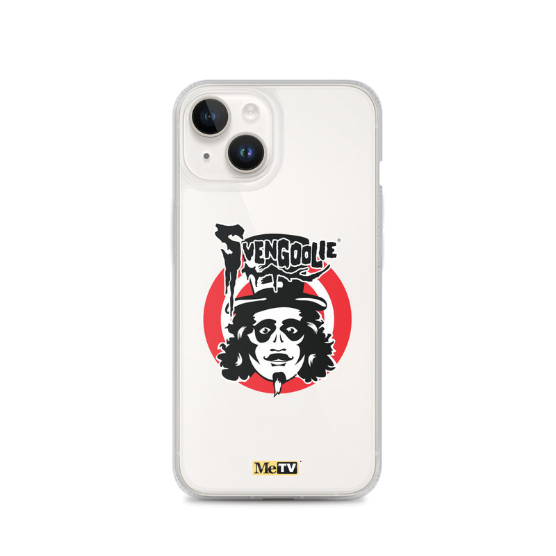 Cream iPhone case featuring the Svengoolie face logo with the text 'Svengoolie' in black above a red circle, with a small MeTV logo at the bottom.