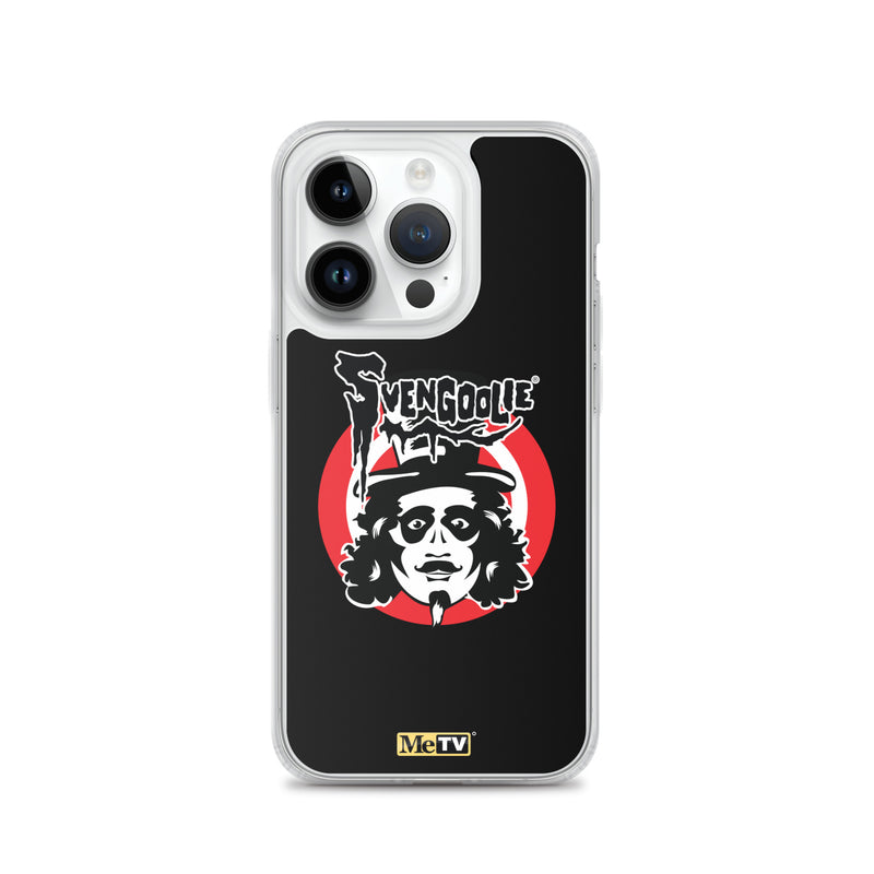 Black iPhone case featuring the Svengoolie face logo with the text 'Svengoolie' in black above a red circle, with a small MeTV logo at the bottom.