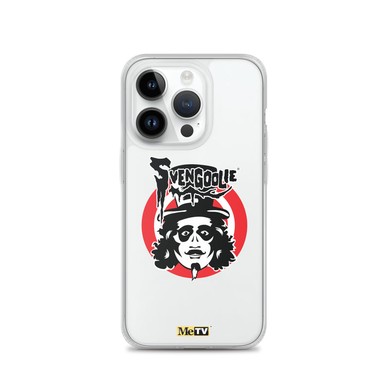 White iPhone case featuring the Svengoolie face logo with the text 'Svengoolie' in black above a red circle, with a small MeTV logo at the bottom.