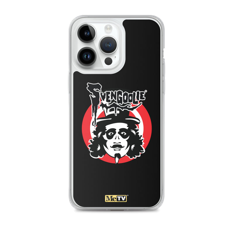 Black iPhone case featuring the Svengoolie face logo with the text 'Svengoolie' in black above a red circle, with a small MeTV logo at the bottom.
