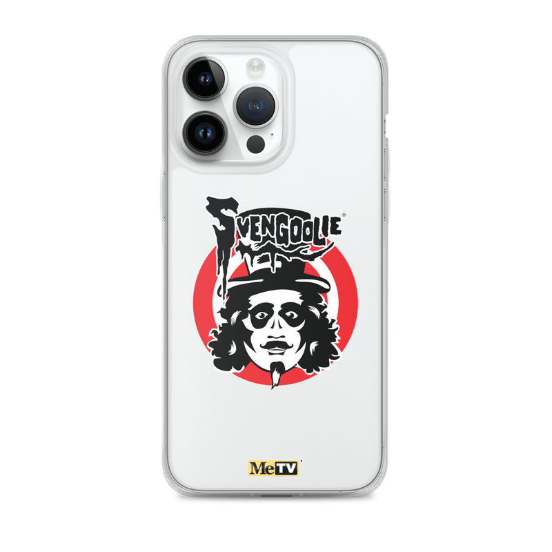 White iPhone case featuring the Svengoolie face logo with the text 'Svengoolie' in black above a red circle, with a small MeTV logo at the bottom.