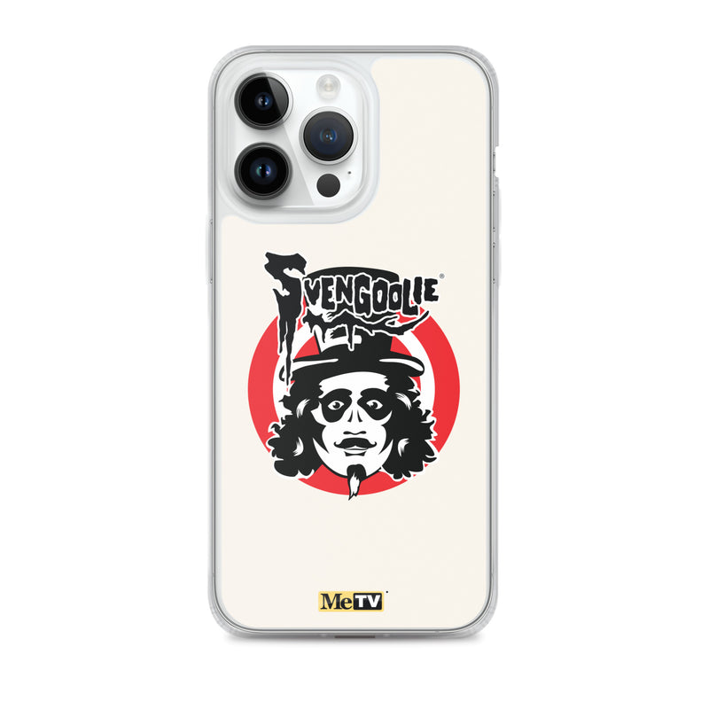 Cream iPhone case featuring the Svengoolie face logo with the text 'Svengoolie' in black above a red circle, with a small MeTV logo at the bottom.