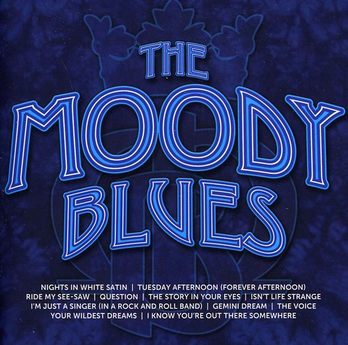 Blue CD cover with the text 'The Moody Blues' in large light blue outlined letters, with a list of song titles along the bottom