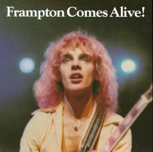 Frampton Comes Alive! album cover: Peter Frampton with curly blond hair in a light jacket, playing guitar under stage lights.