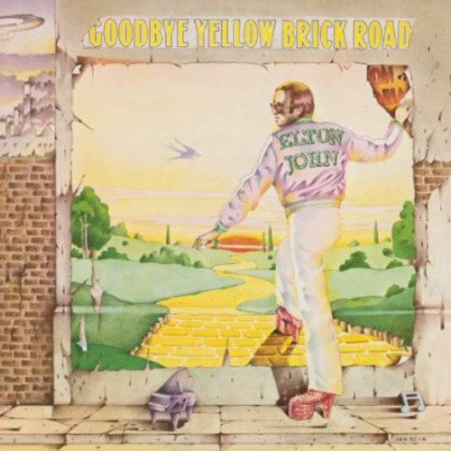 Goodbye Yellow Brick Road album cover: Elton John in lavender jacket with 'ELTON JOHN' on back, on yellow brick road.