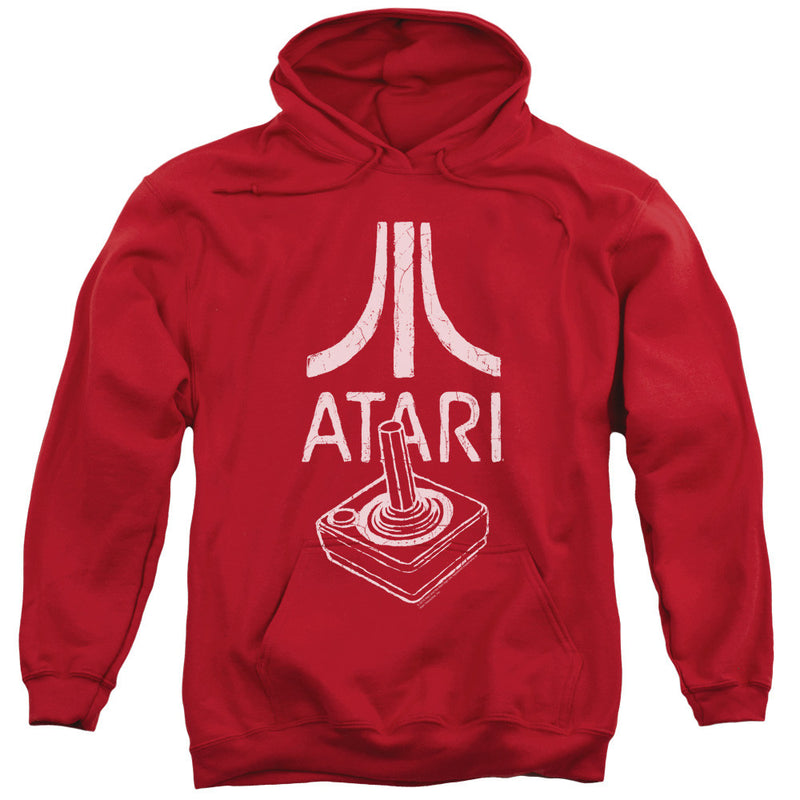 Red pullover hoodie with white distressed graphic of Atari logo, the word ATARI, and a joystick controller below.