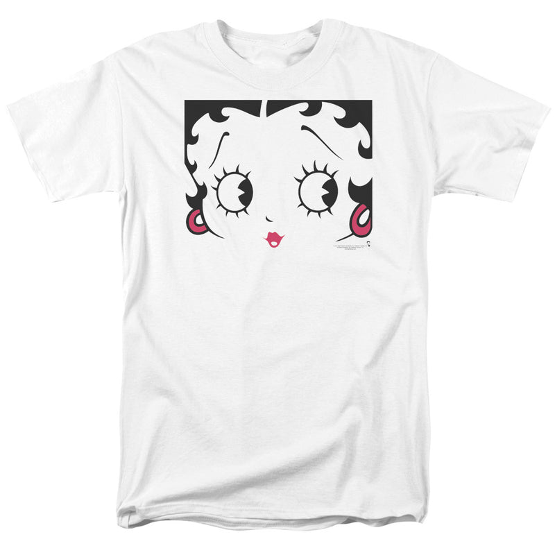White short-sleeve t-shirt with a large black, white, and pink graphic of Betty Boop's face with curly hair, large eyes, pink lips, and hoop earrings
