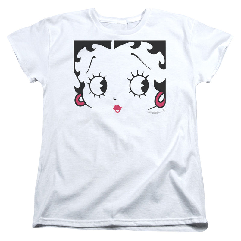 White women's t-shirt with a large black-and-white cartoon face graphic of Betty Boop, with big eyelashes, black curls, pink lips and pink earrings.
