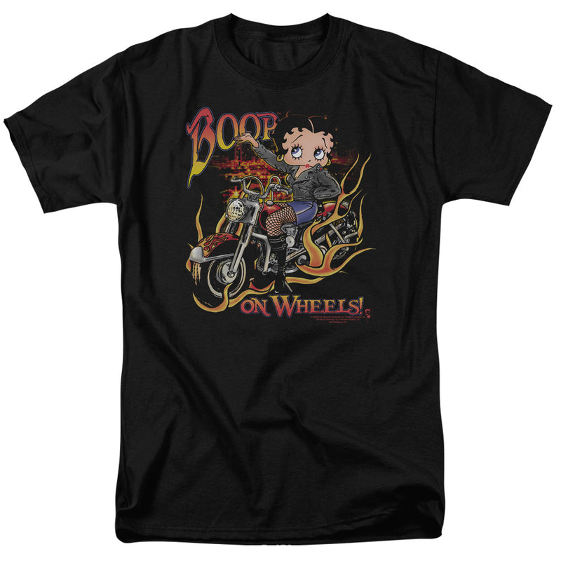 Black t-shirt with cartoon Betty Boop riding a red motorcycle, flame graphics, and printed text 'BOOP' above and 'ON WHEELS!' below.