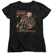 Women's fitted cut of the Betty Boop On Wheels t-shirt in black, showing the same motorcycle design with 'BOOP' and 'ON WHEELS!' text.