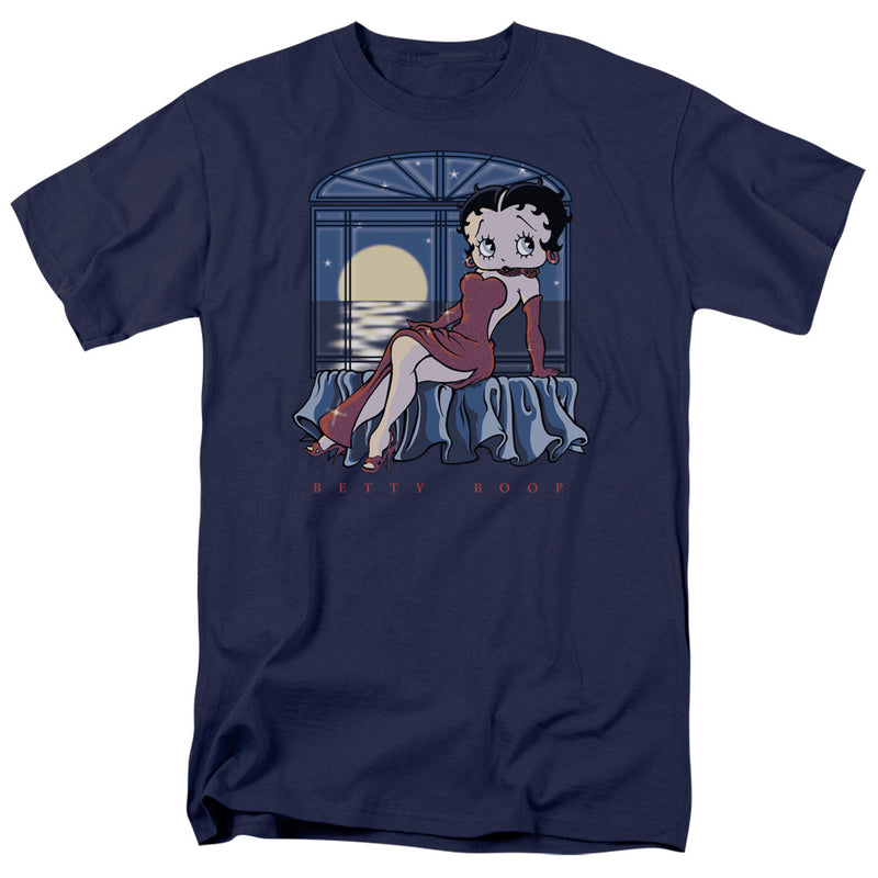 Navy blue t-shirt with a graphic of Betty Boop seated on a draped blue bench before a moonlit window, wearing a red dress; 'BETTY BOOP' in red below.