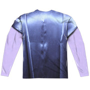 Back of long-sleeve Batman costume shirt: navy blue body with muscle detailing, lavender sleeves, white stitch-like lines.