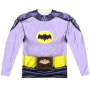 Lavender long-sleeved shirt featuring a Batman costume print with a yellow bat emblem on the chest and a yellow utility belt with a bat buckle