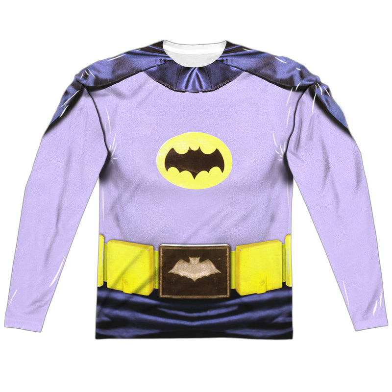 Lavender long-sleeved shirt featuring a Batman costume print with a yellow bat emblem on the chest and a yellow utility belt with a bat buckle
