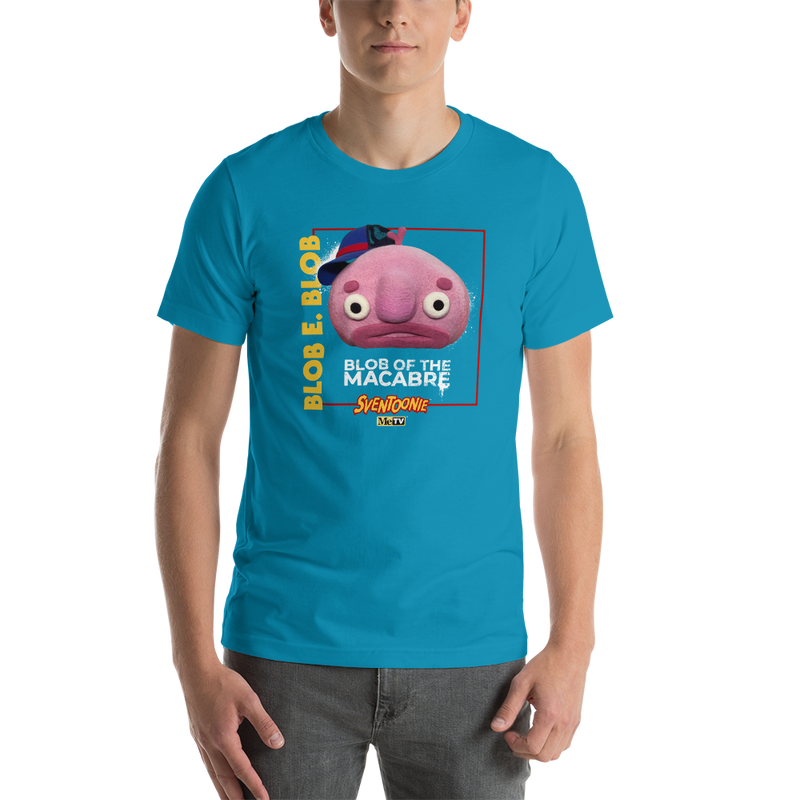Aqua blue t-shirt with pink Blob E. Blob character wearing a blue cap, text reading "BLOB E. BLOB" and "BLOB OF THE MACABRE", plus Sventoonie and MeTV logos.