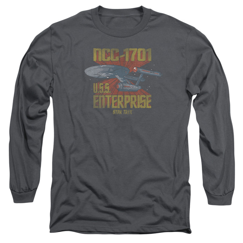 Charcoal gray long-sleeve shirt with red-and-gold graphic of USS Enterprise starship, text reading "NCC-1701 U.S.S. ENTERPRISE STAR TREK".