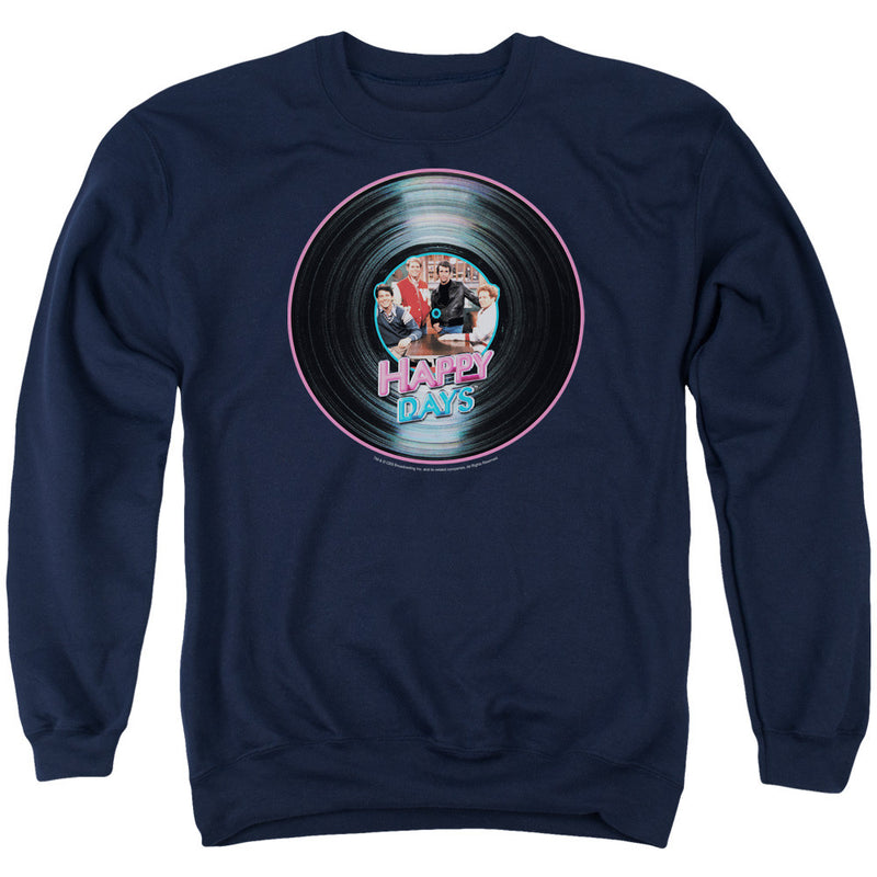 Navy crewneck sweatshirt featuring a vinyl record with a cast photo from Happy Days in the center and the text 'Happy Days' in pink below it.