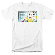 White short-sleeve t-shirt with a rectangle graphic reading 'MIGHTY MOUSE' and a cartoon Mighty Mouse in red and yellow