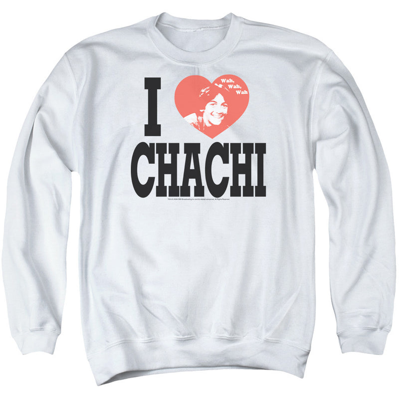 White crewneck sweatshirt with black text reading "I" then a red heart with a smiling woman's photo and "Wah, Wah, Wah", then "CHACHI" in black.