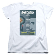 White women's tee with 'Star Trek The Next Generation' and 'Encounter at Farpoint Part Two' poster graphic on front.