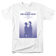 White short-sleeved t-shirt featuring a Star Trek: The Next Generation poster with the text 'The Naked Now' in blue above silhouettes.